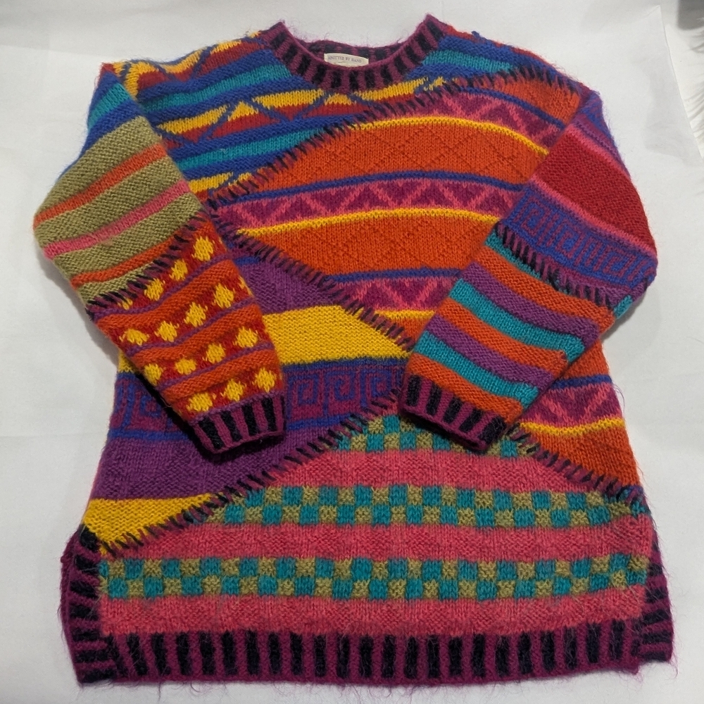 Vintage 1980's Rare Kenji Handknit Mohair Color Block Sweater Maximalist